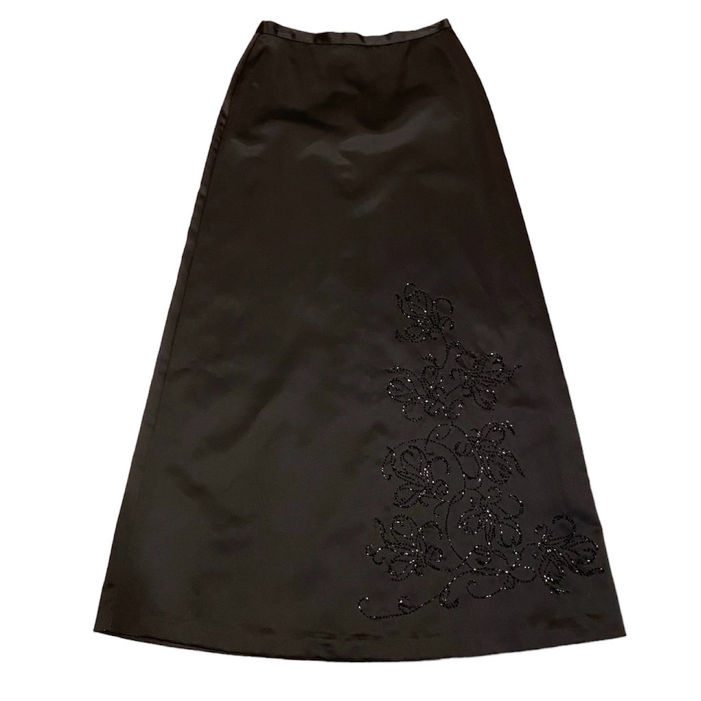 Black Satin Beaded Sequin Maxi Skirt Formal Lined 8 Party Sandra Darren Holiday